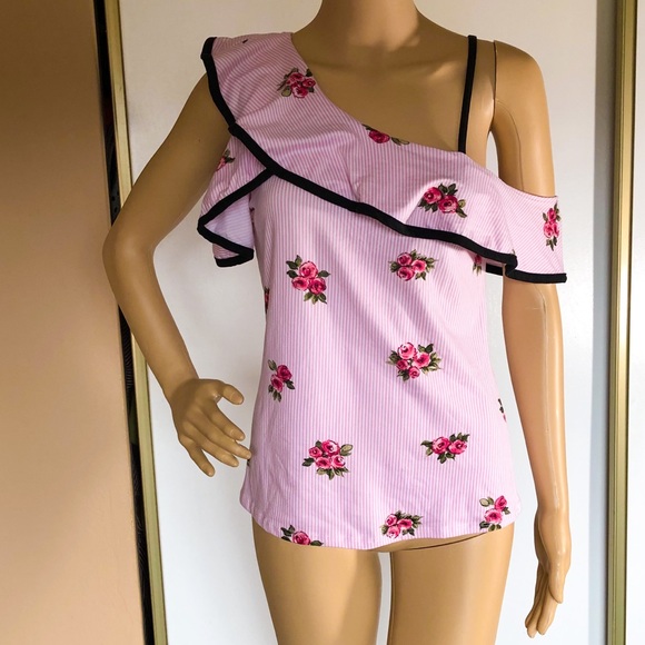 Tops - Pink pin striped floral off the shoulder top
